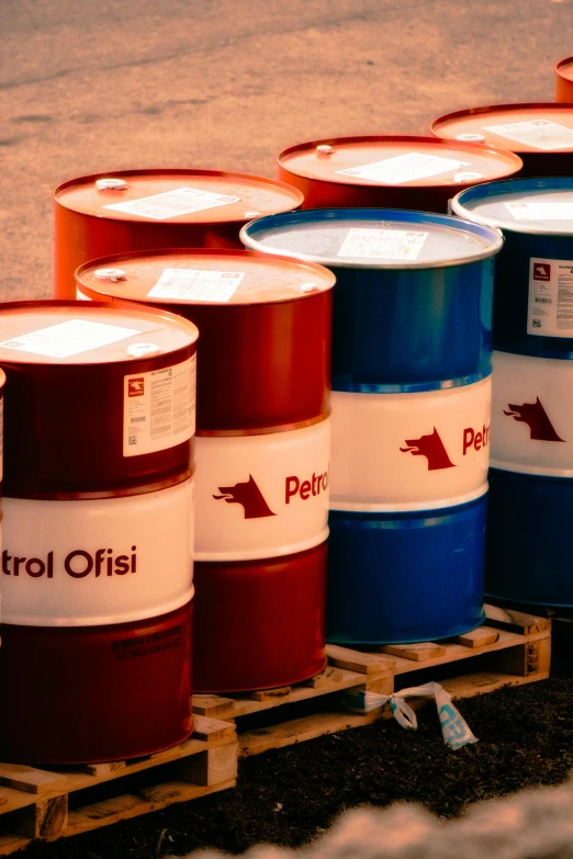 barrels of petrol are stacked in a pallet