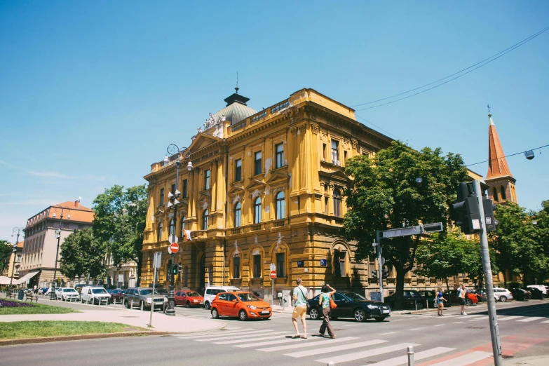 the building is large and yellow