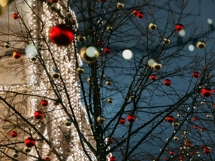 this christmas tree is decorated with ornaments and lights