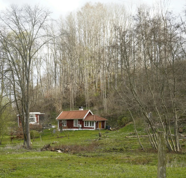 this little red house is in the middle of a forest