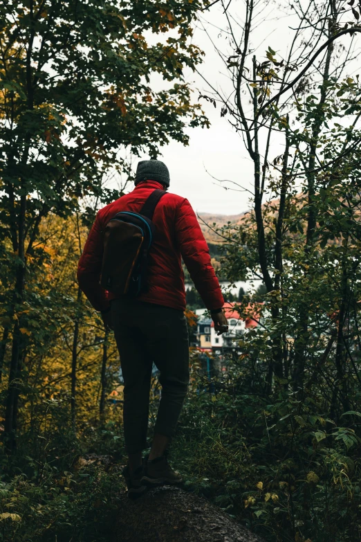 a man walks up a path in the woods