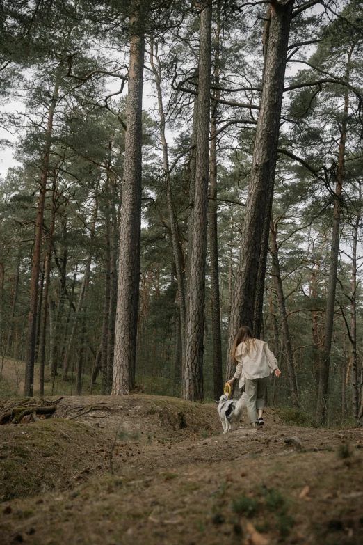 an adult is walking through a forest with her dog