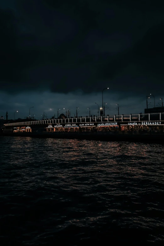 the boat is on the water with some dark clouds