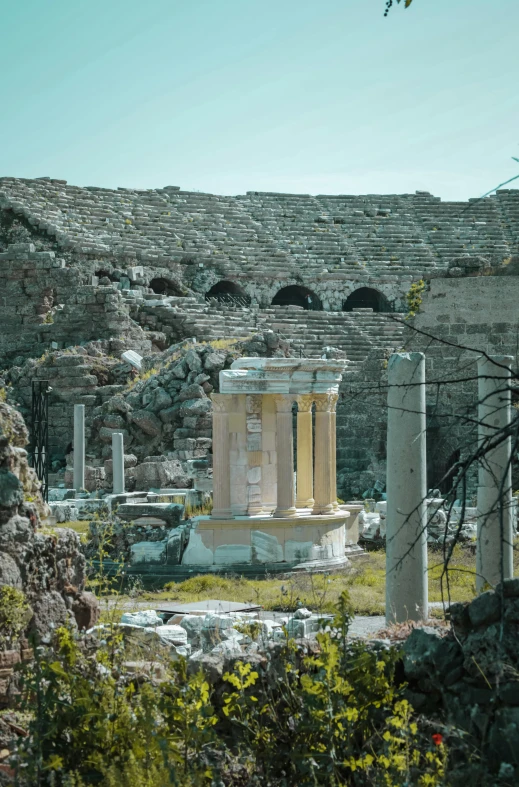 the ruins are surrounded by trees and bushes