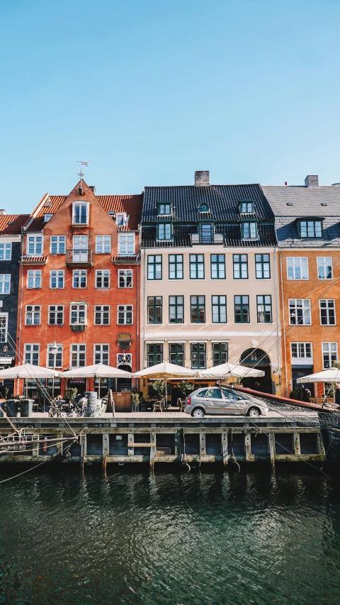 many buildings line the water and some boats