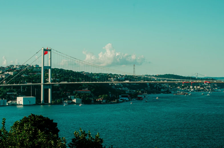 a large bridge spanning over the water next to a small town