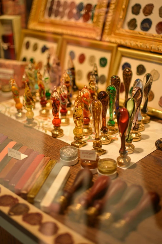 a group of glass figurines on a table