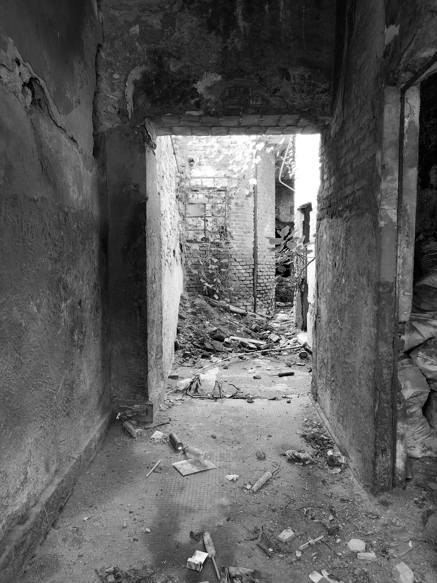 an open doorway is in the middle of an abandoned house