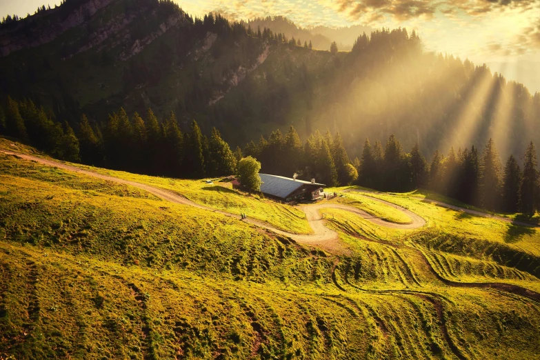 there is a mountain that has grass, trees and light beams coming out