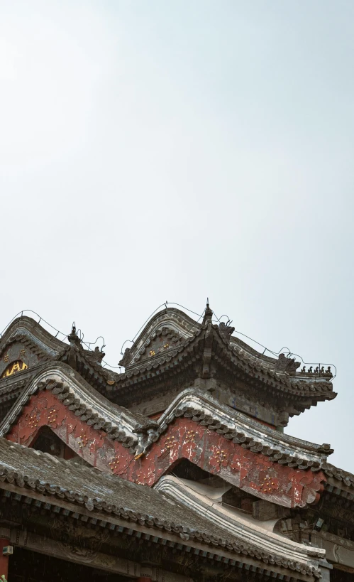 a large bird flies above the old style roof