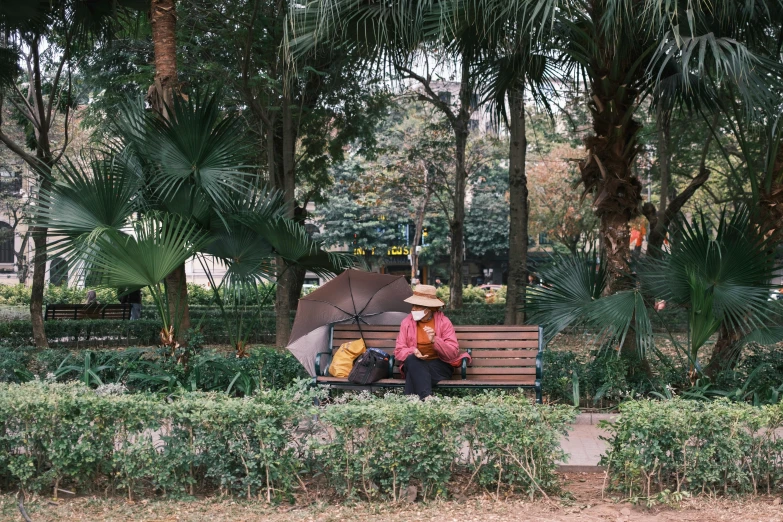 a woman sitting on top of a bench near trees