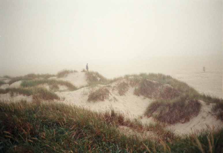 person standing on a grassy hill surrounded by dunes