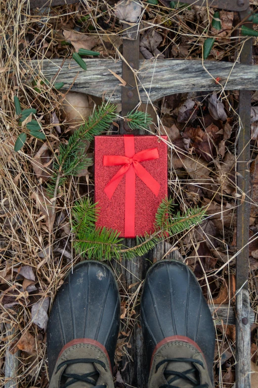 a red gift box with a bow on it, next to a pair of feet standing in the leaves