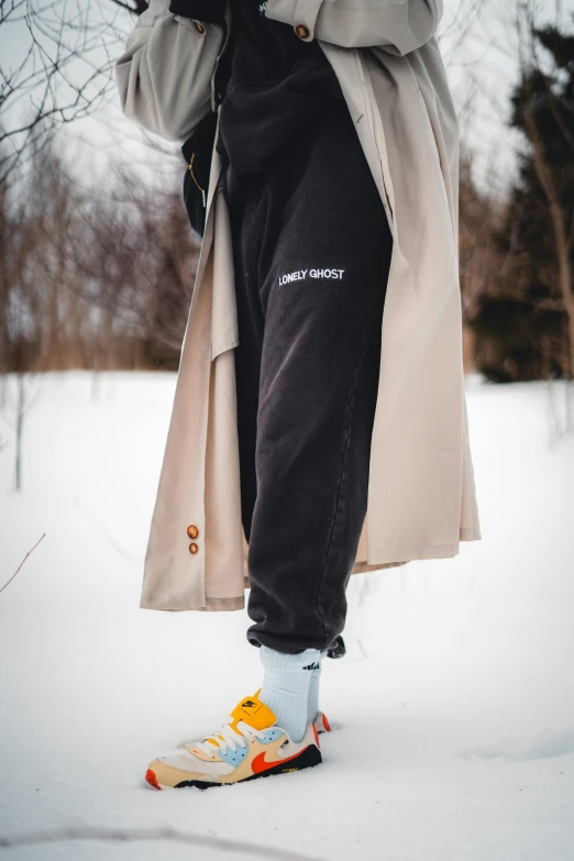 a person standing in the snow with his shoes on