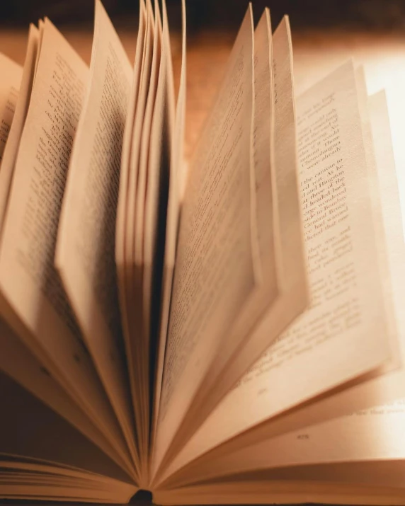 an open book sits on a wooden table