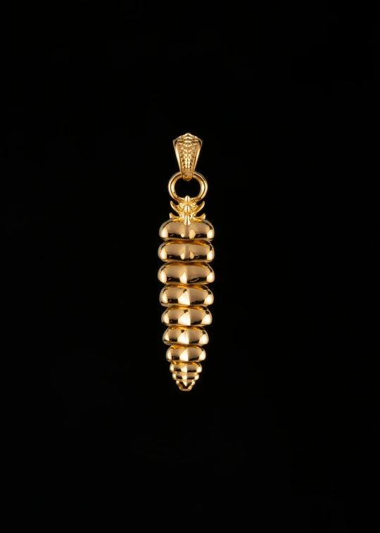 a gold necklace hanging from a black background