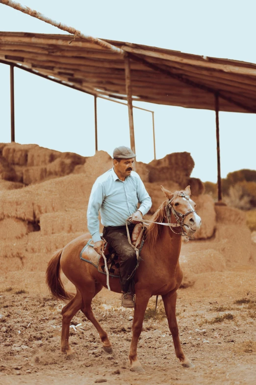 a man in hat riding on top of a brown horse