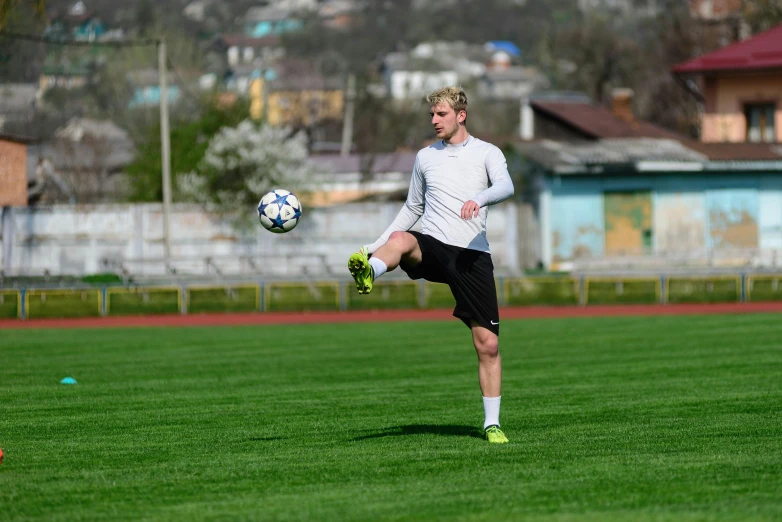 a man is playing soccer with a ball