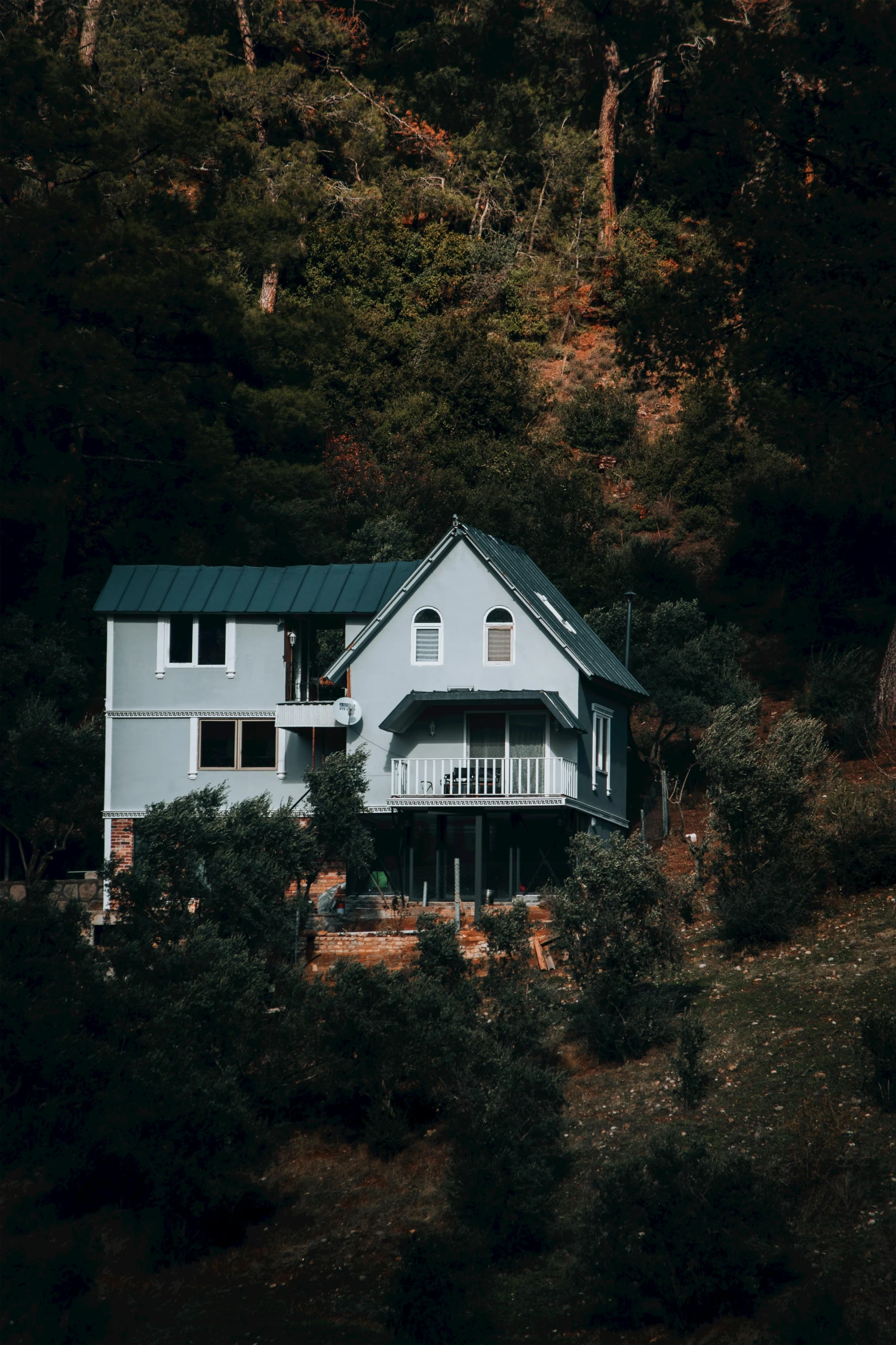 a house that is in the trees near a hill