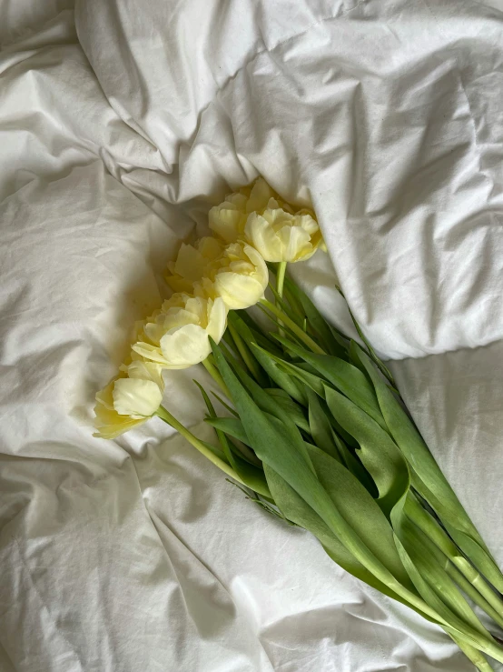 yellow flowers on a white sheet laying on a bed