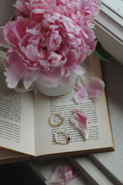 a white vase with a flower sitting on an open book