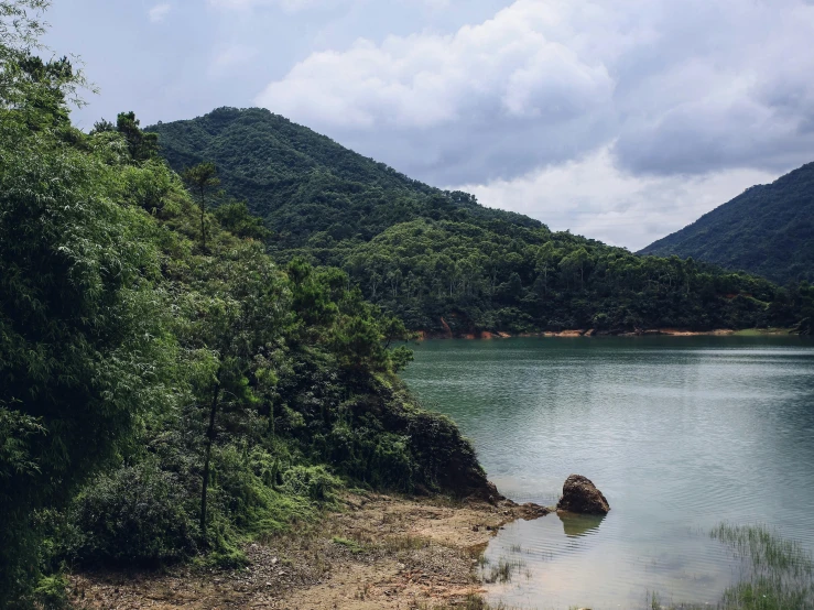 a river sits in the foreground on a cloudy day