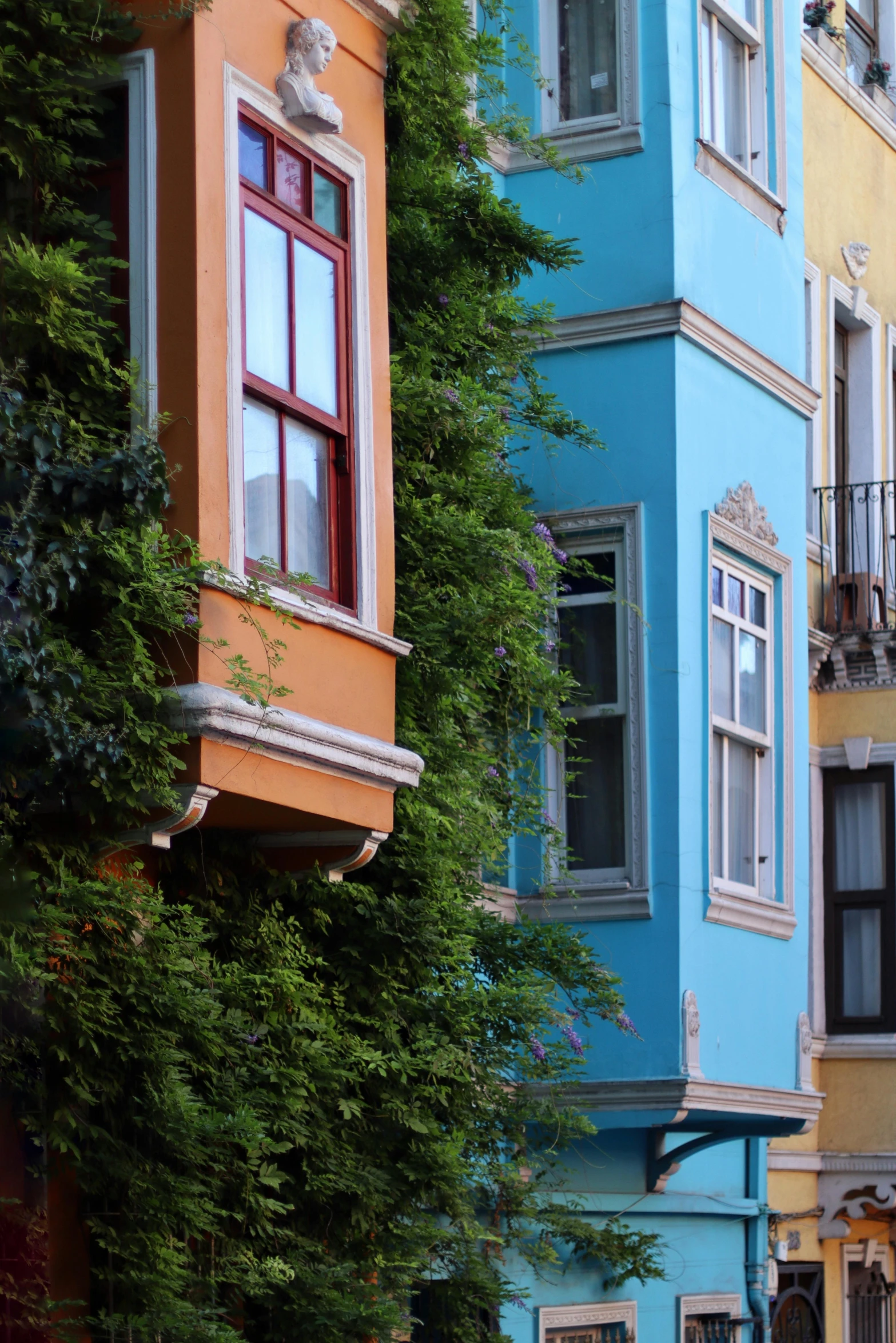 there are many blue and yellow buildings on this street