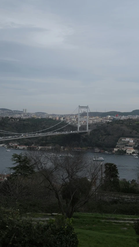 a bridge over the water and lots of trees and a hill