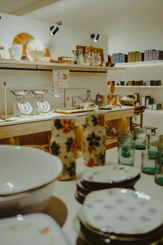 a store counter with an assortment of tea kettles and dishes