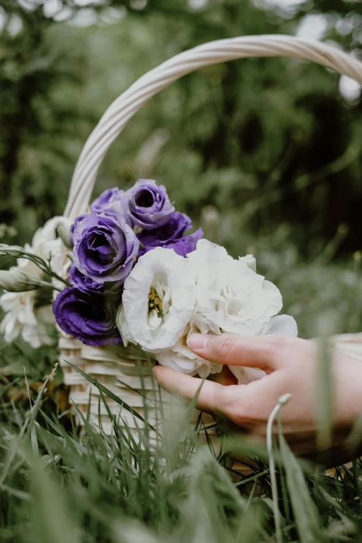 a close up of a person holding flowers in a basket