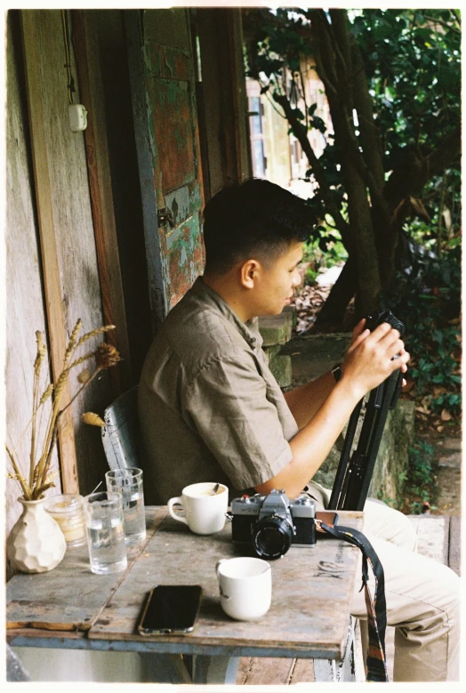 a man sitting on a bench with camera