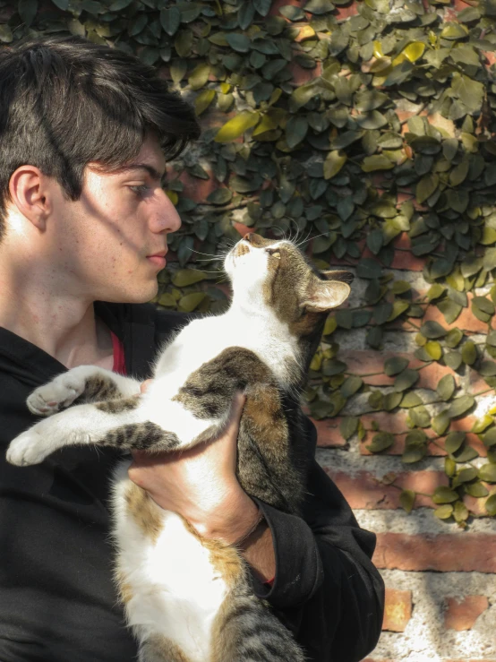 a young man holds a cat in his arms