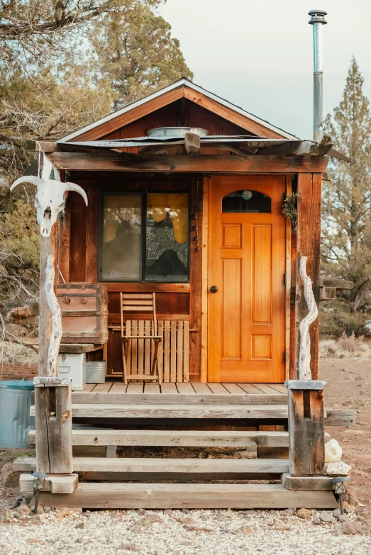 this is a wooden cabin with wood steps and two dogs sitting outside