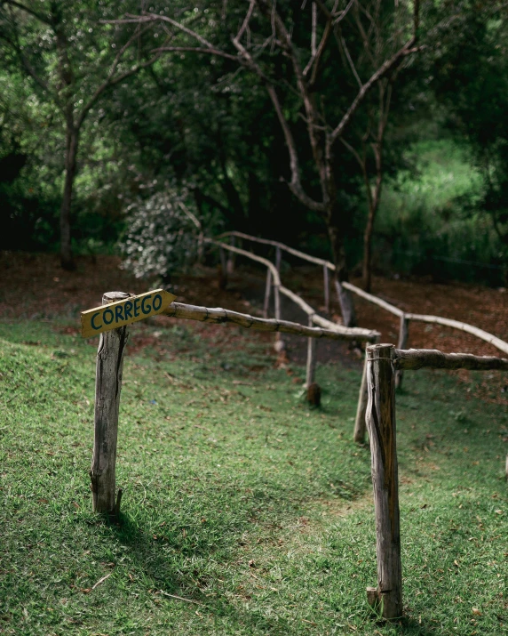 two wooden fence posts in grass by trees