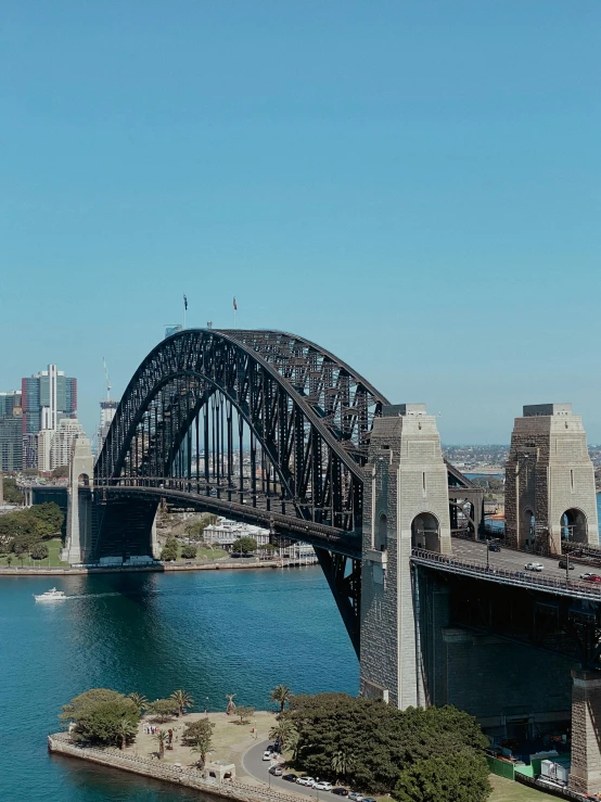 an overhead view of the city, its bridges and water