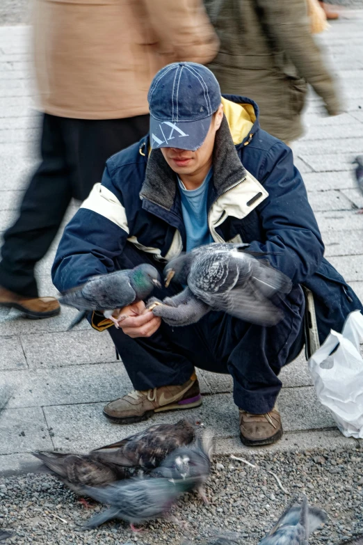 a man feeding pigeons with a bottle of water