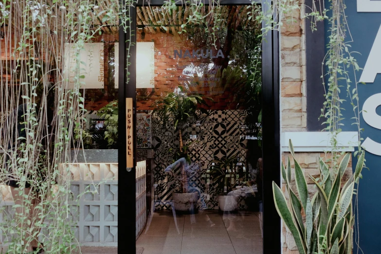 a man sitting in an outdoor cafe, with plants all over the walls