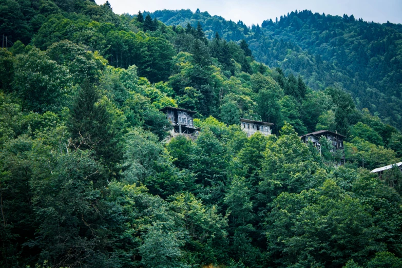 the old building is on top of a steep hillside covered in trees