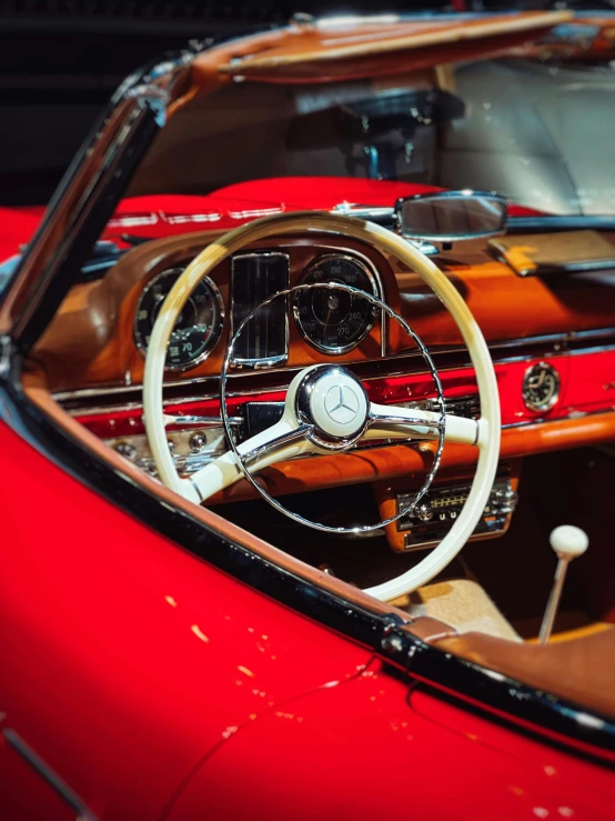 an interior view of a vintage red car