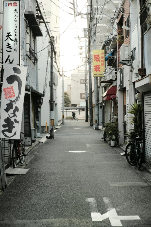 a bicycle leaning against an alley in an oriental town