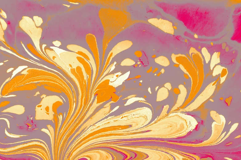 an artfully painted pattern is shown on the bottom half of a blue, orange and pink background