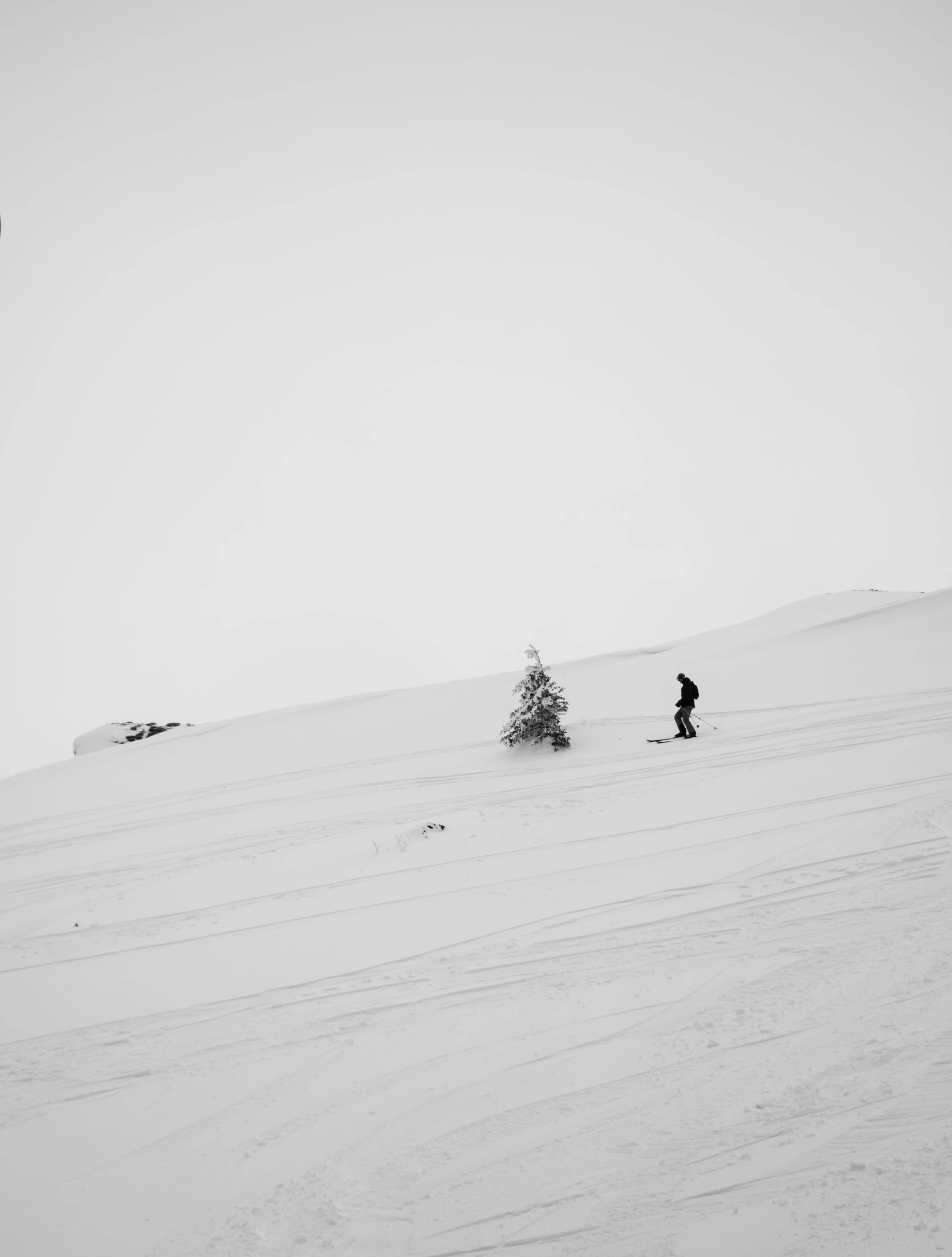 two skiers move along the snow while a skier attempts to ski