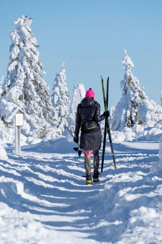 a person that is holding some skis in their hand