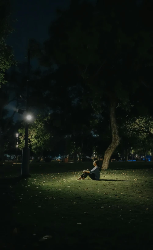 a person sitting in the dark near a tree at night