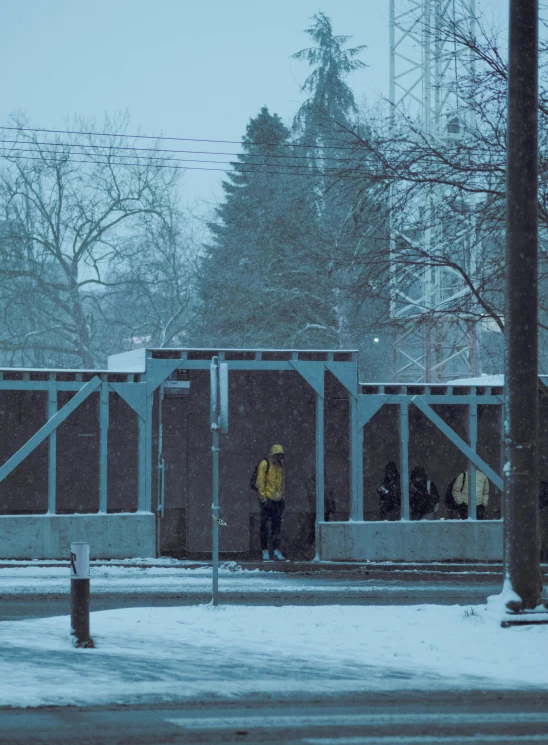 there is a person standing near the train tracks in winter