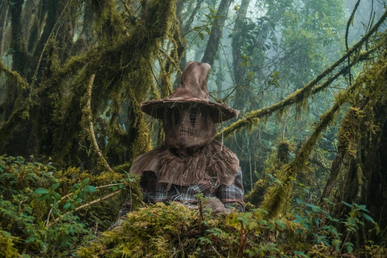 a scarecrow statue surrounded by green trees and foliage