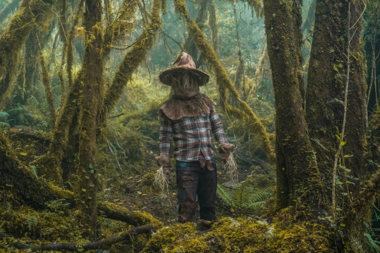 the man stands in a heavily - forested area holding an arrow and some plants