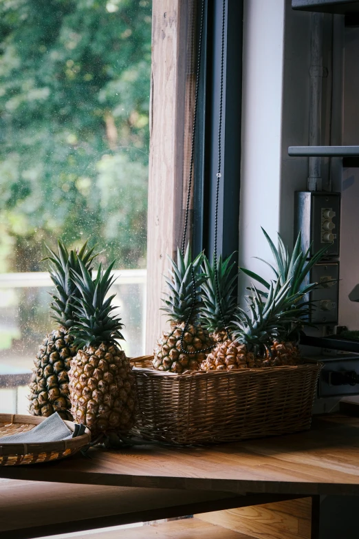 two pineapples sit in a basket on a window sill