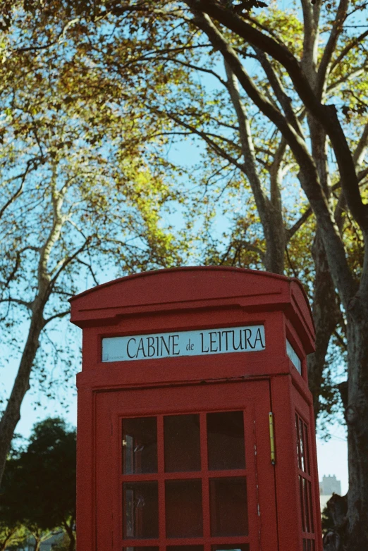 a red telephone booth in the middle of trees