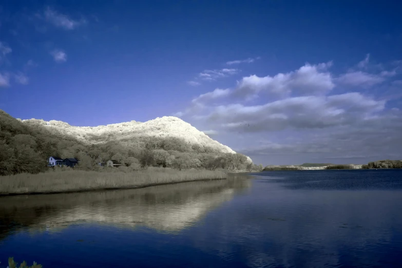 a pond with mountain in the background and snow covered mountains on each side